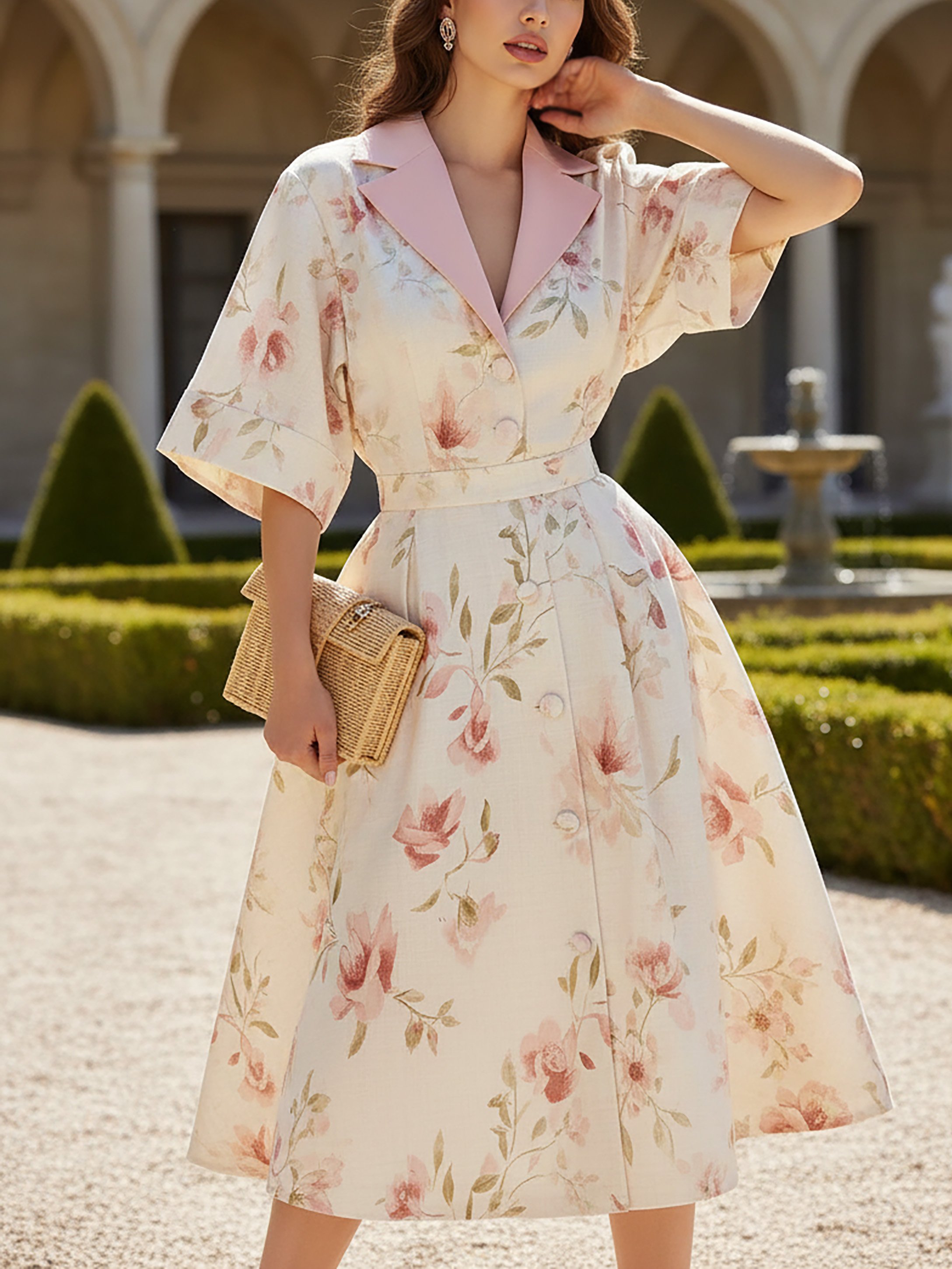 Midi Linen Dress, Half Sleeve, Shawl Collar, Floral, Button Design, Vacation, Vintage, White - White