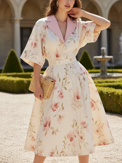 Midi Linen Dress, Half Sleeve, Shawl Collar, Floral, Button Design, Vacation, Vintage, White - White