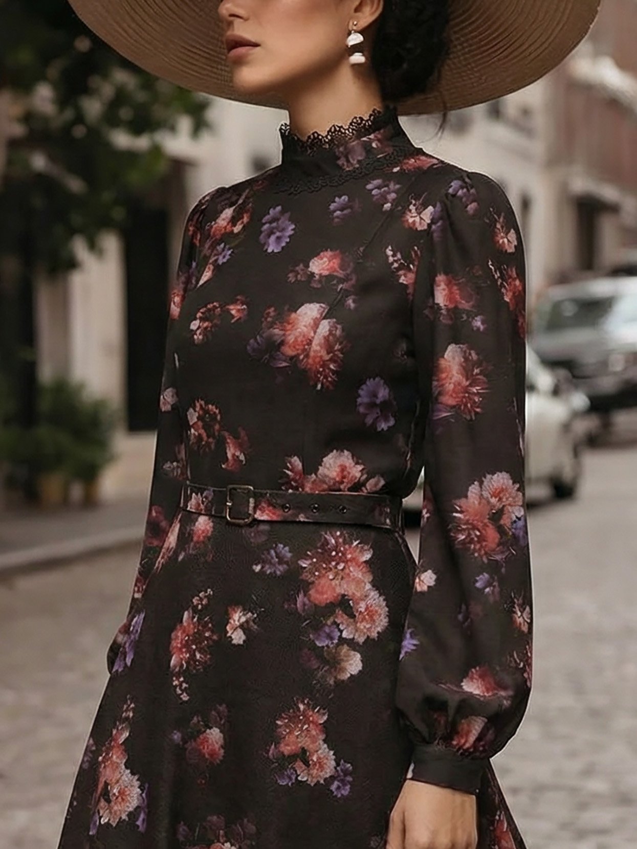 Cotton Blouse, Long Sleeves, Stand Collar, Floral, Lace, Vintage, Black - Black