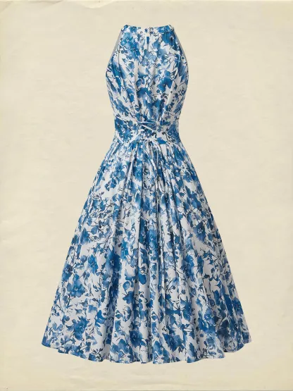 Midi Linen Dress , Sleeveless, Round Neck, Floral, Vacation, Vintage, Blue - Blue