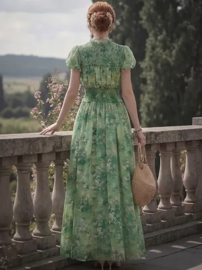 Maxi Linen Dress, Short Sleeves, Round Neck, Floral, Vintage, Green - Green