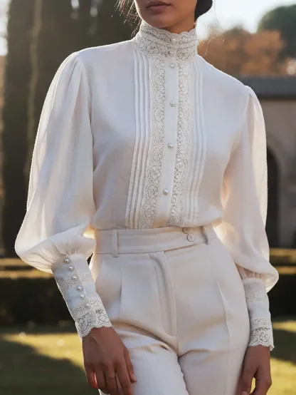 Linen Shirt, Long Sleeves, Stand Collar, Plain, Lace, Vintage, Ivory - Ivory