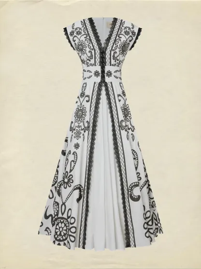 Maxi Cotton Dress, Cap Sleeves, V Neck, Paisley, Lace, Vacation, Vintage, White - White
