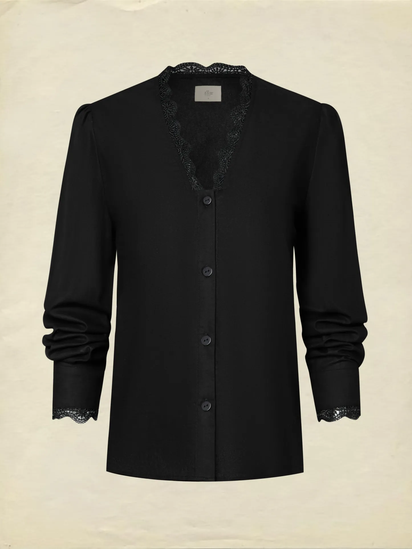 Linen Shirt, Half Sleeve, V Neck, Plain, Lace, French Vintage, Black - Black