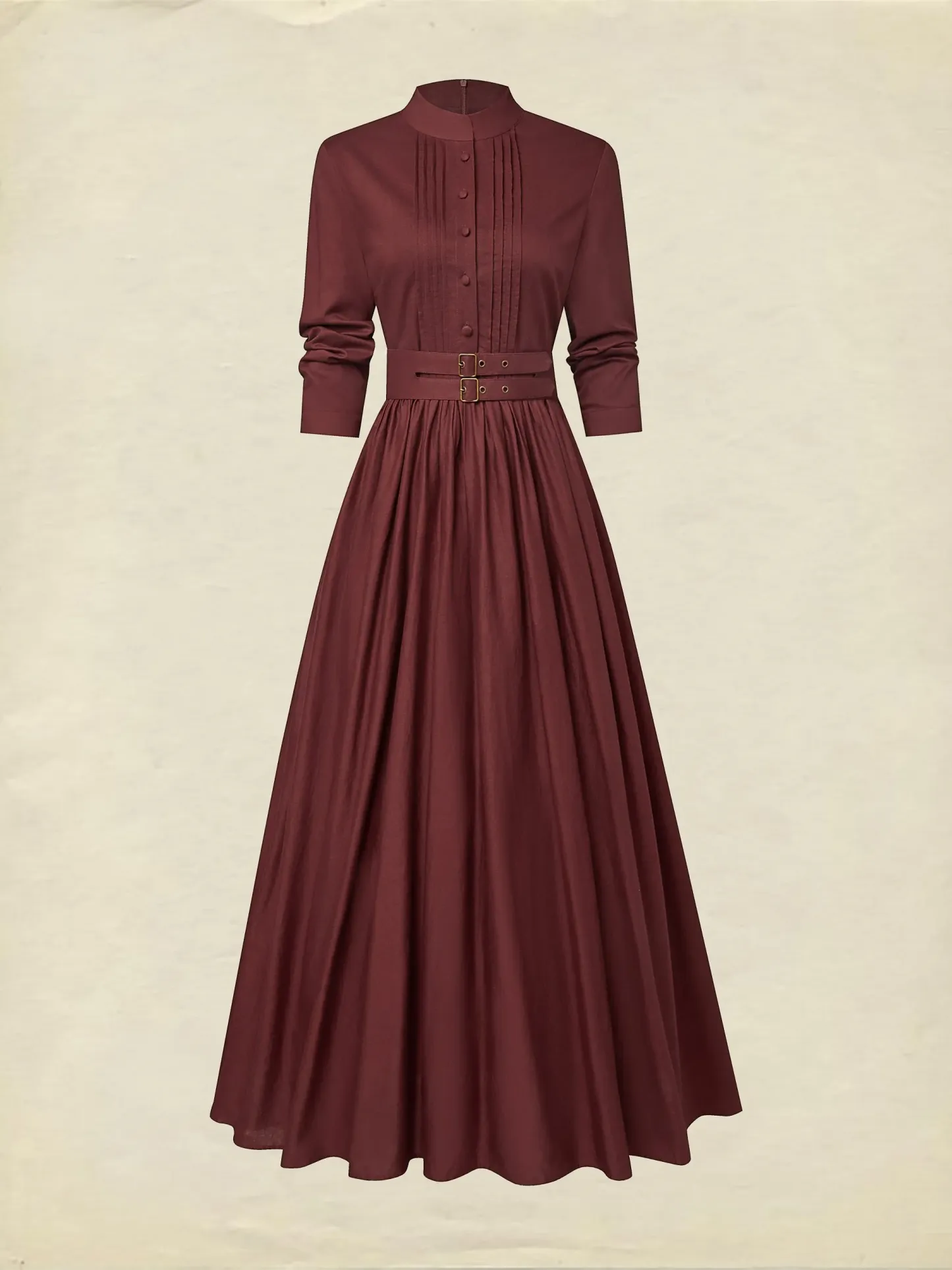 Maxi Linen Dress, Long Sleeves, Stand Collar, Plain, Button Design, Vintage, Red - Red