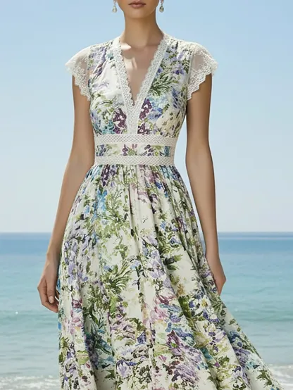 Maxi Linen Dress, Cap Sleeves, V Neck, Floral, Lace, Vacation, Vintage, White - White