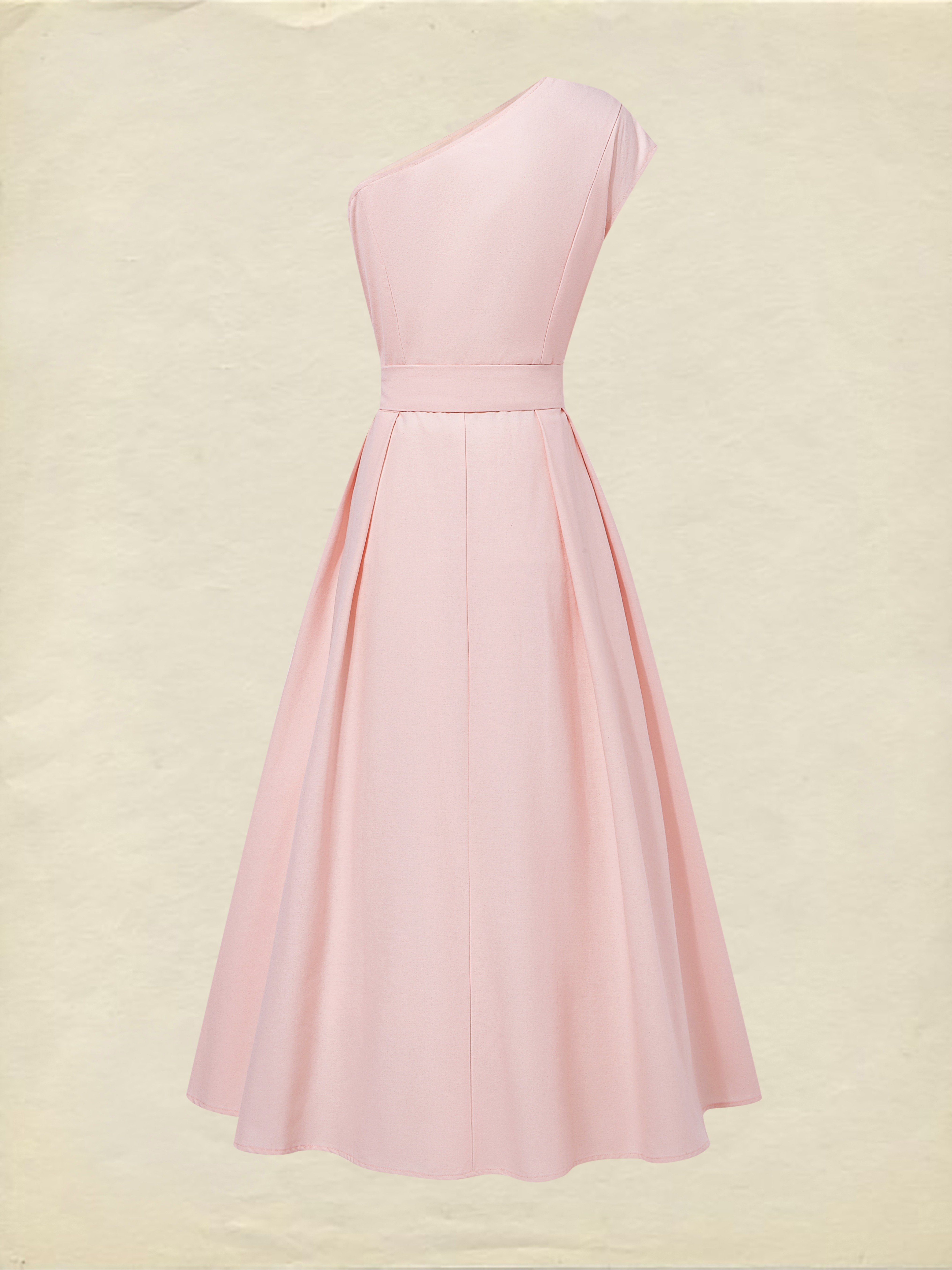 Maxi Cotton Dress , Sleeveless, One shoulder, Plain, Belt Design, Vintage, Light Pink - Light Pink