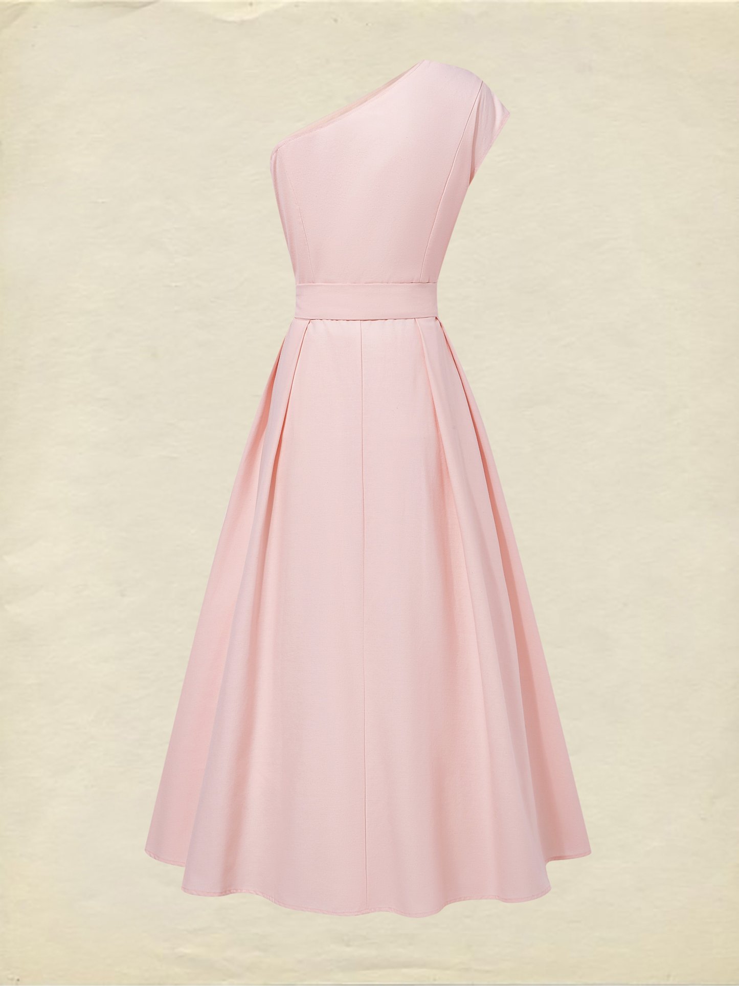 Maxi Cotton Dress , Sleeveless, One shoulder, Plain, Belt Design, Vintage, Light Pink - Light Pink