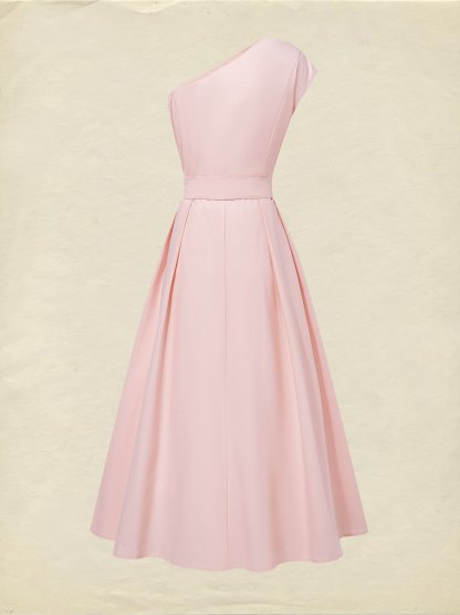 Maxi Cotton Dress , Sleeveless, One shoulder, Plain, Belt Design, Vintage, Light Pink - Light Pink