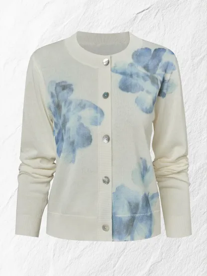 Wool Cardigan, Long Sleeves, Round Neck, Floral, Button Design, Vacation, Vintage, White - White