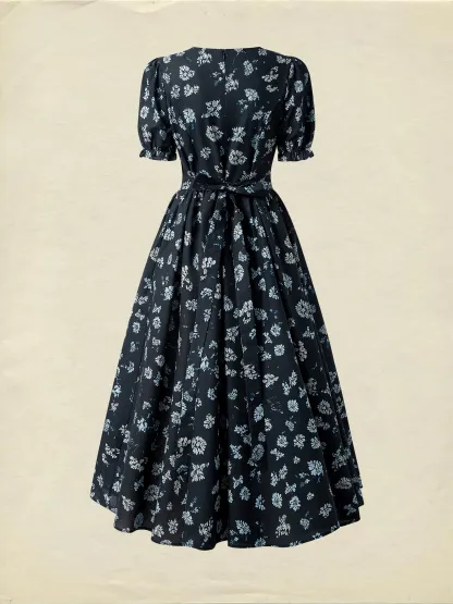 Linen Maxi Dress, V neck,  Floral, Daily, Short Sleeve, Blue - Dark Blue
