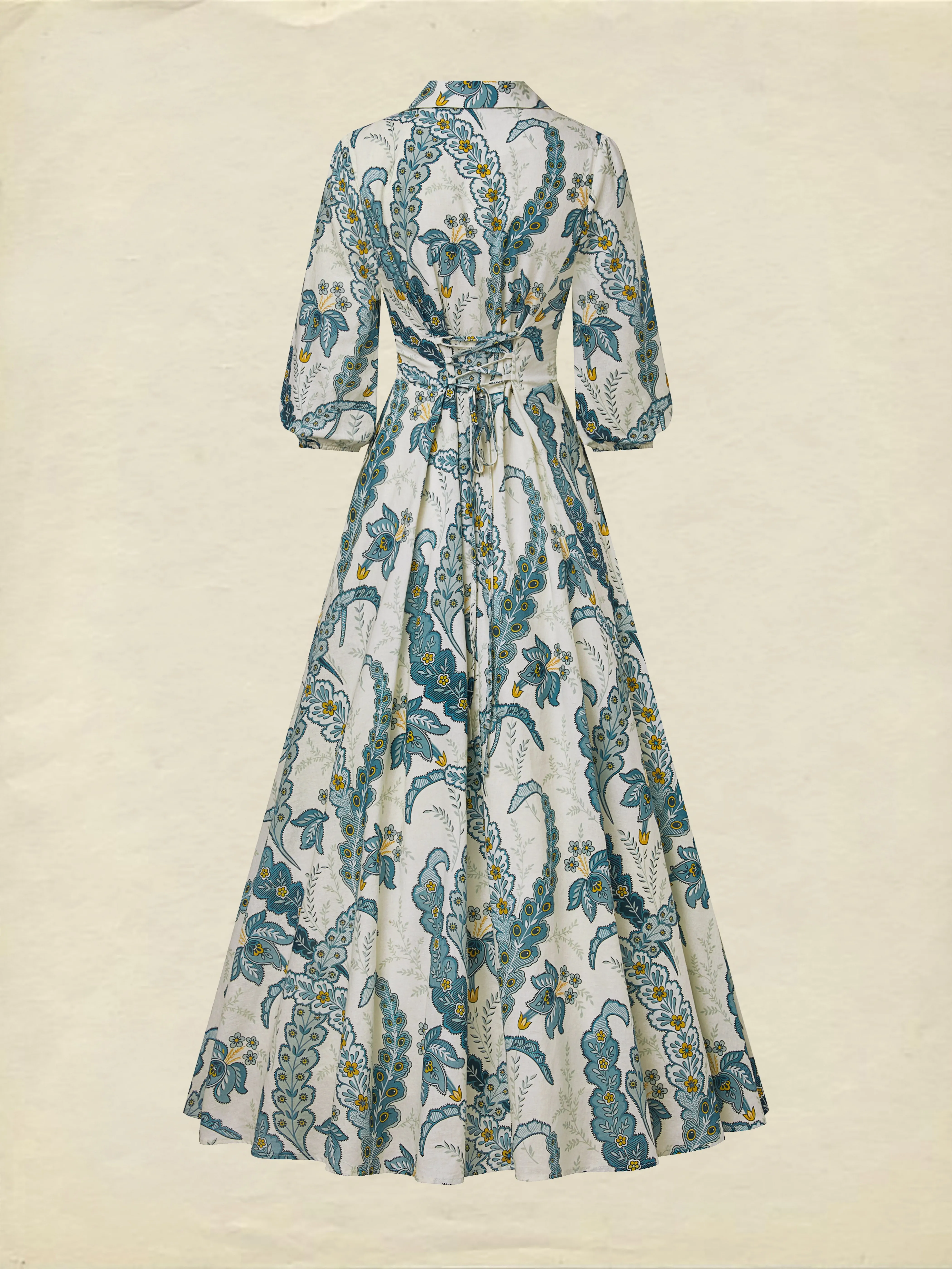 Maxi Linen Dress, Half Sleeve, Shawl Collar, Paisley, Button Design, Vacation, Vintage, White - White