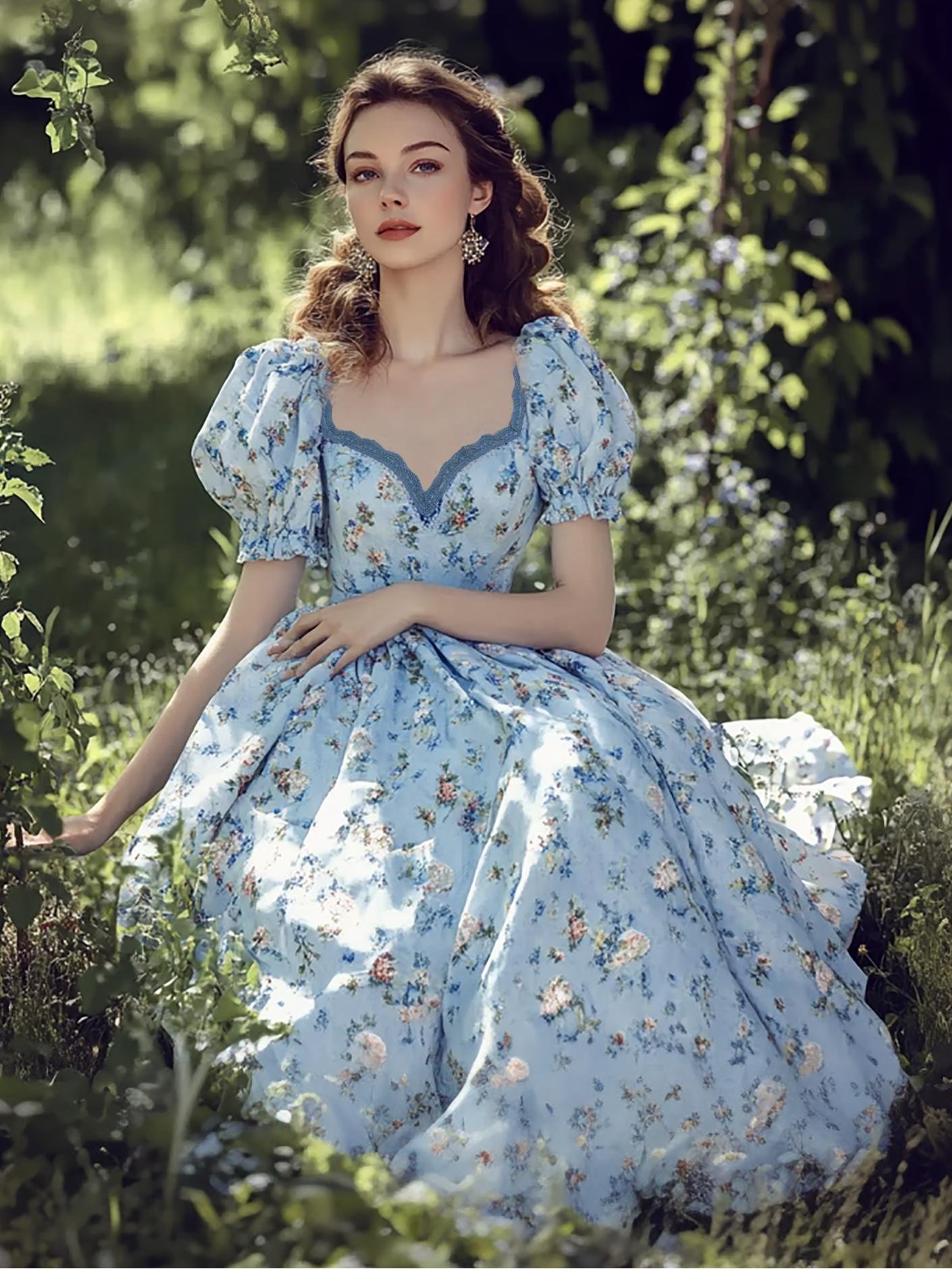 Maxi Linen Dress, Puff Sleeves, Crew Neck, Floral, Linen Blend, Blue - Blue