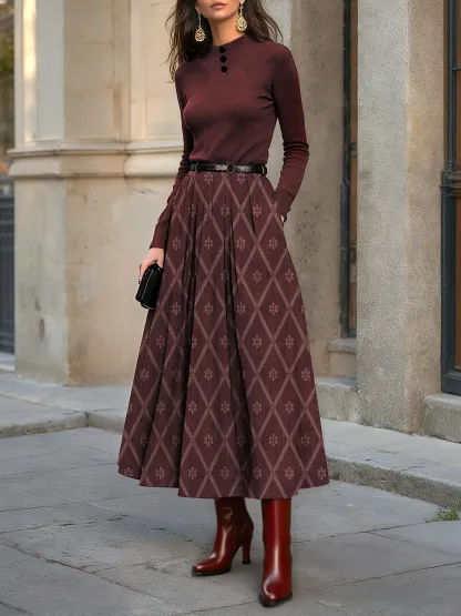 Midi Dress, Wool Top with Cotton Skirt, Long Sleeves, Stand Collar, Plaid, Belt Design, Vintage, Wine Red - Wine Red