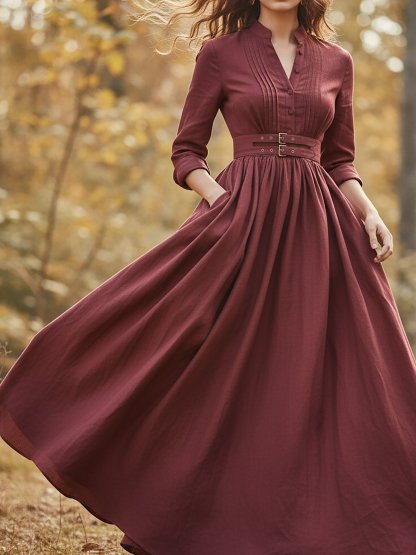 Maxi Linen Dress, Long Sleeves, Stand Collar, Plain, Button Design, Vintage, Red - Red