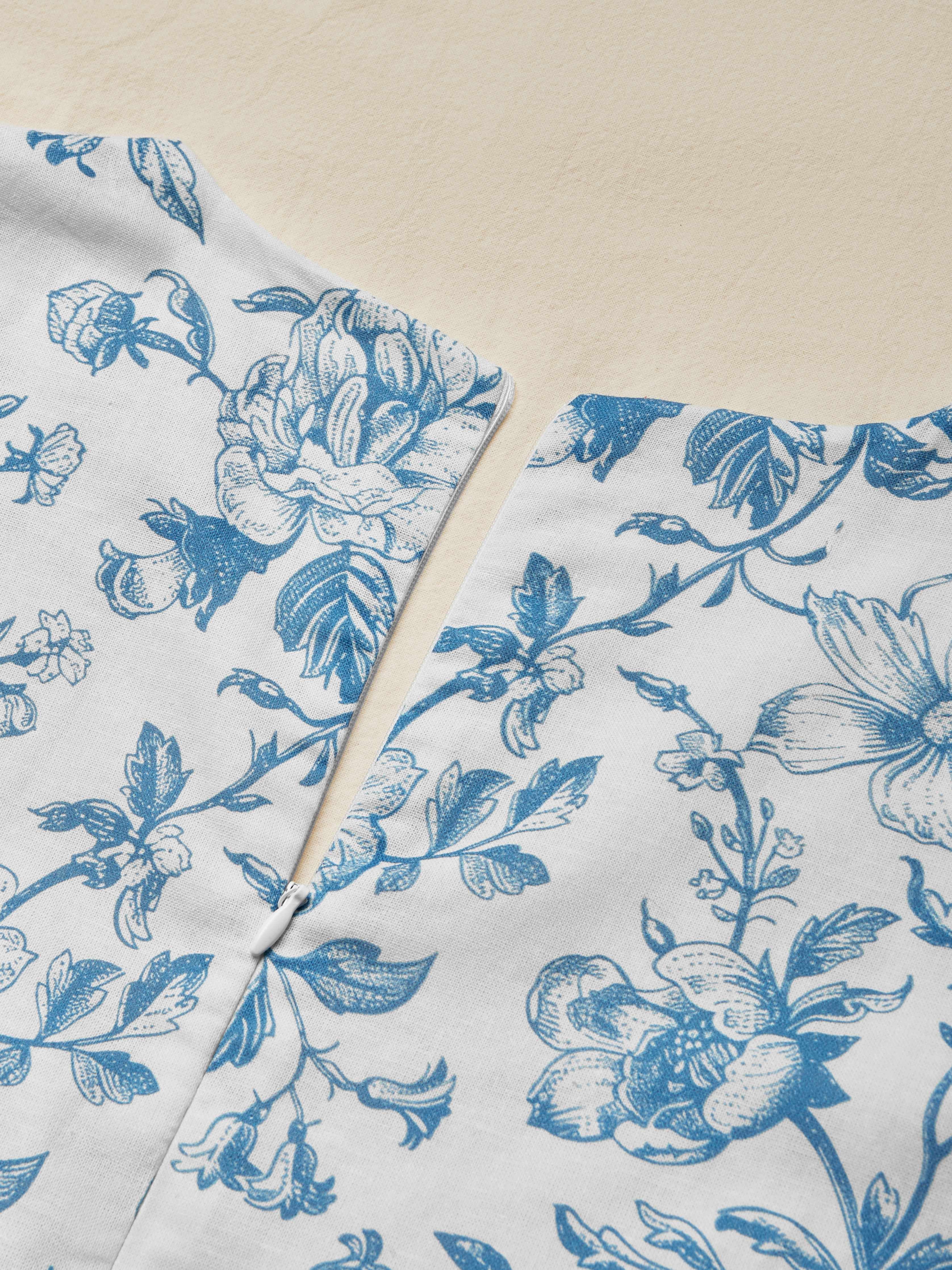 Midi Linen Dress, Short Sleeves, Sweetheart Neck, Floral, Ruffles, Vintage, Blue - Blue