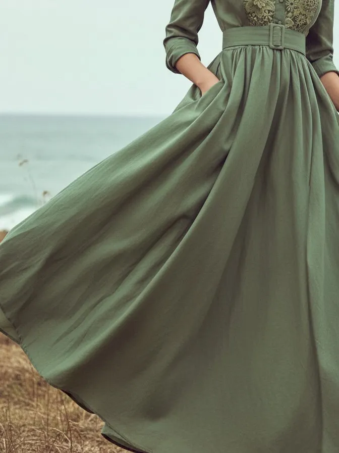 Maxi Linen Dress, Long Sleeves, Shawl Collar, Plain, Lace, Vacation, Vintage, Green - Green