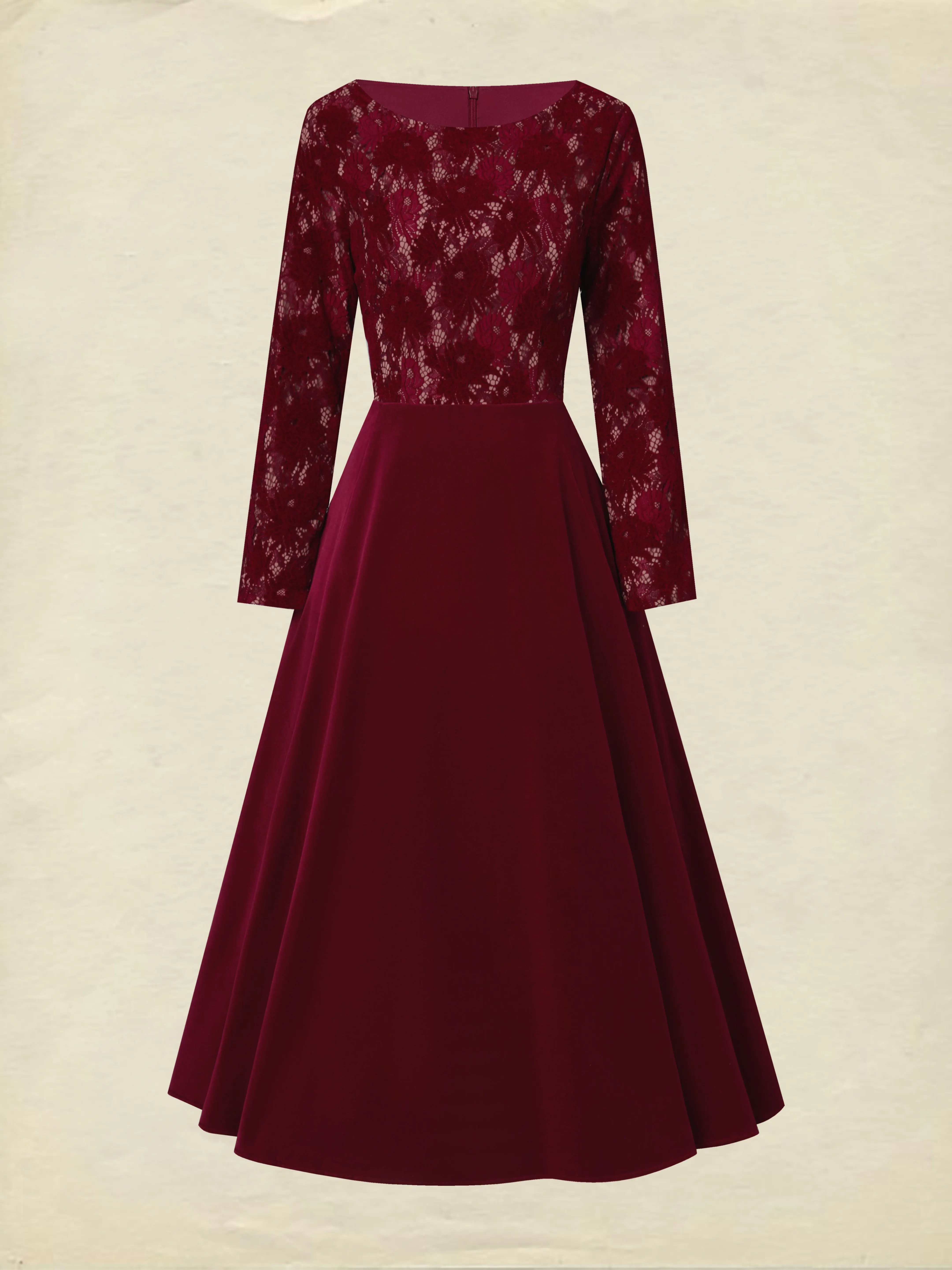 Midi Cotton Dress, Long Sleeves, Round Neck, Floral, Lace, Vintage, Red - Red