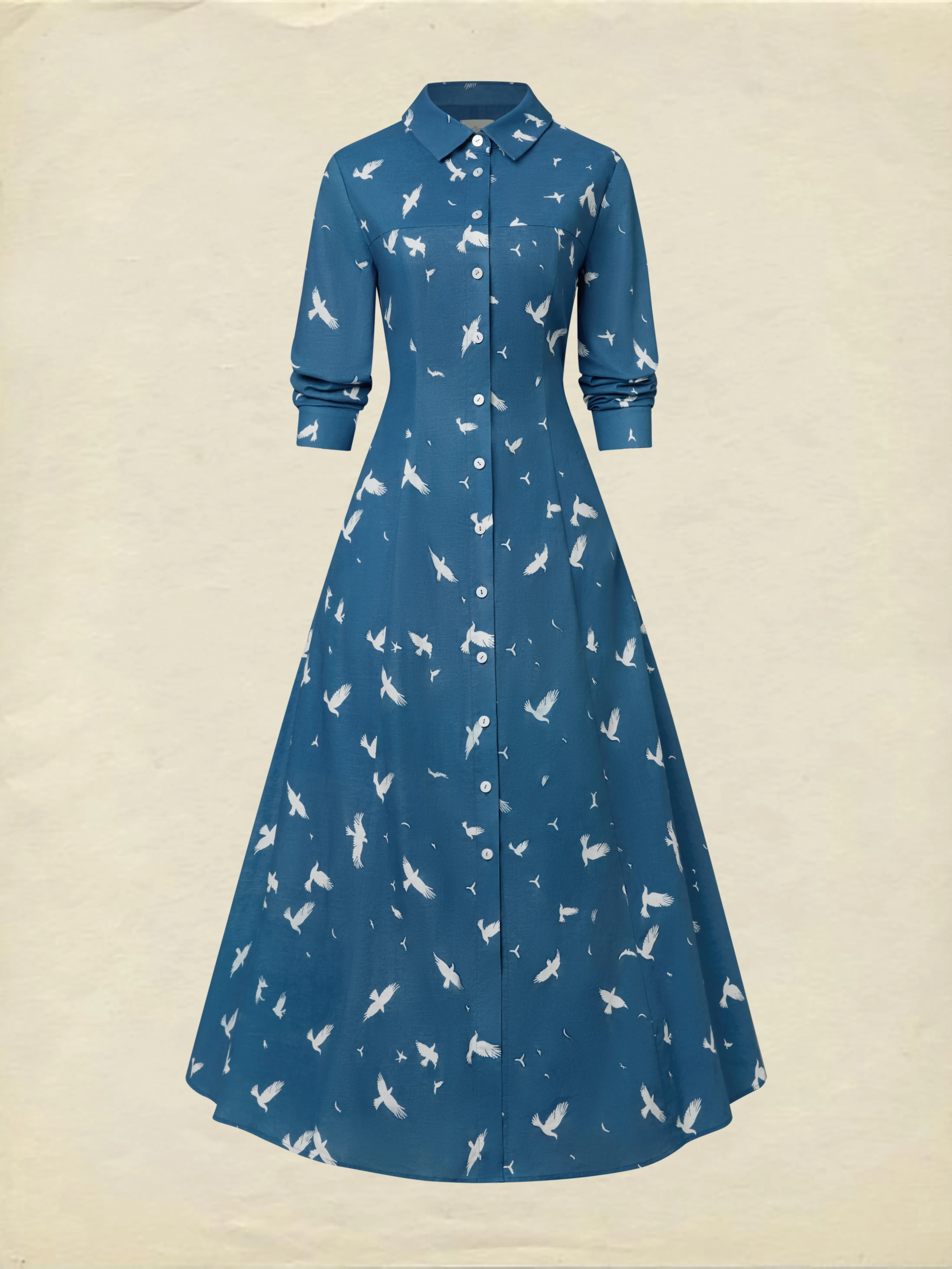 Maxi Linen Dress, Long Sleeves, Shawl Collar, Bird, Button Design, Vintage, Blue - Blue