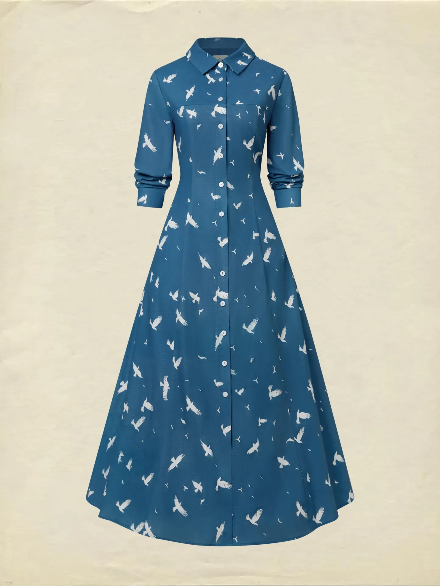 Maxi Linen Dress, Long Sleeves, Shawl Collar, Bird, Button Design, Vintage, Blue - Blue