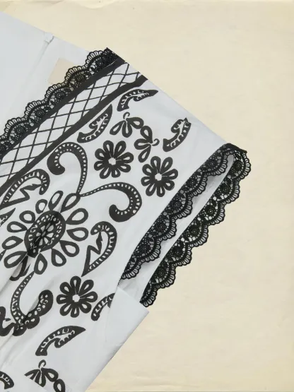 Maxi Cotton Dress, Cap Sleeves, V Neck, Paisley, Lace, Vacation, Vintage, White - White