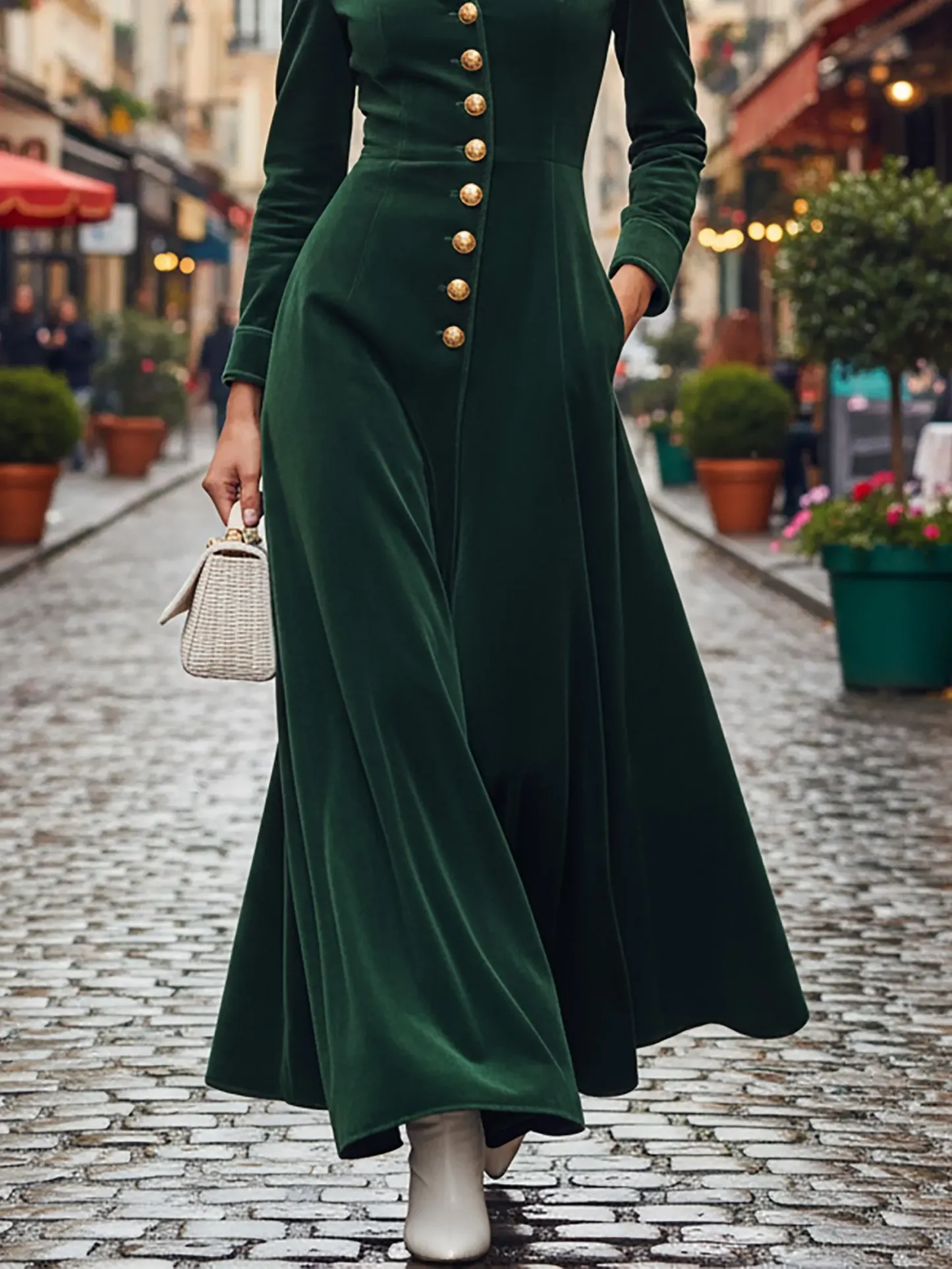 Maxi Cotton Dress, Long Sleeves, Shawl Collar, Plain, Button Design, Vintage, Green - Green
