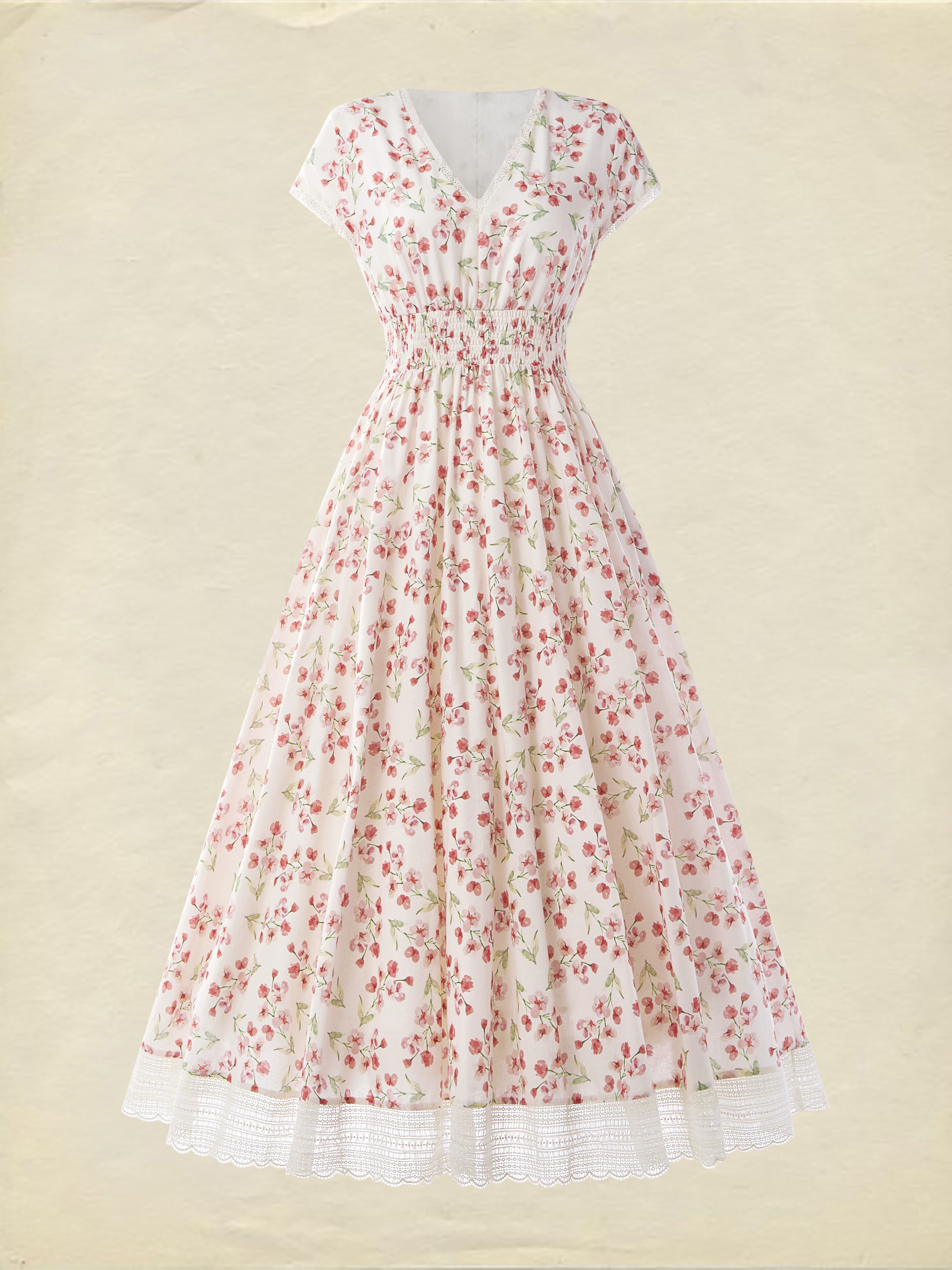 (SIZE:XS-XXL) Linen Maxi Dress, Short Sleeve, Lace Collar, Floral, Vintage, White - White