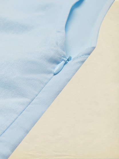 Midi Linen Dress, Crew Collar, Cap Sleeve,  Button Down, Cottagecore, Linen Blend, Blue - Blue