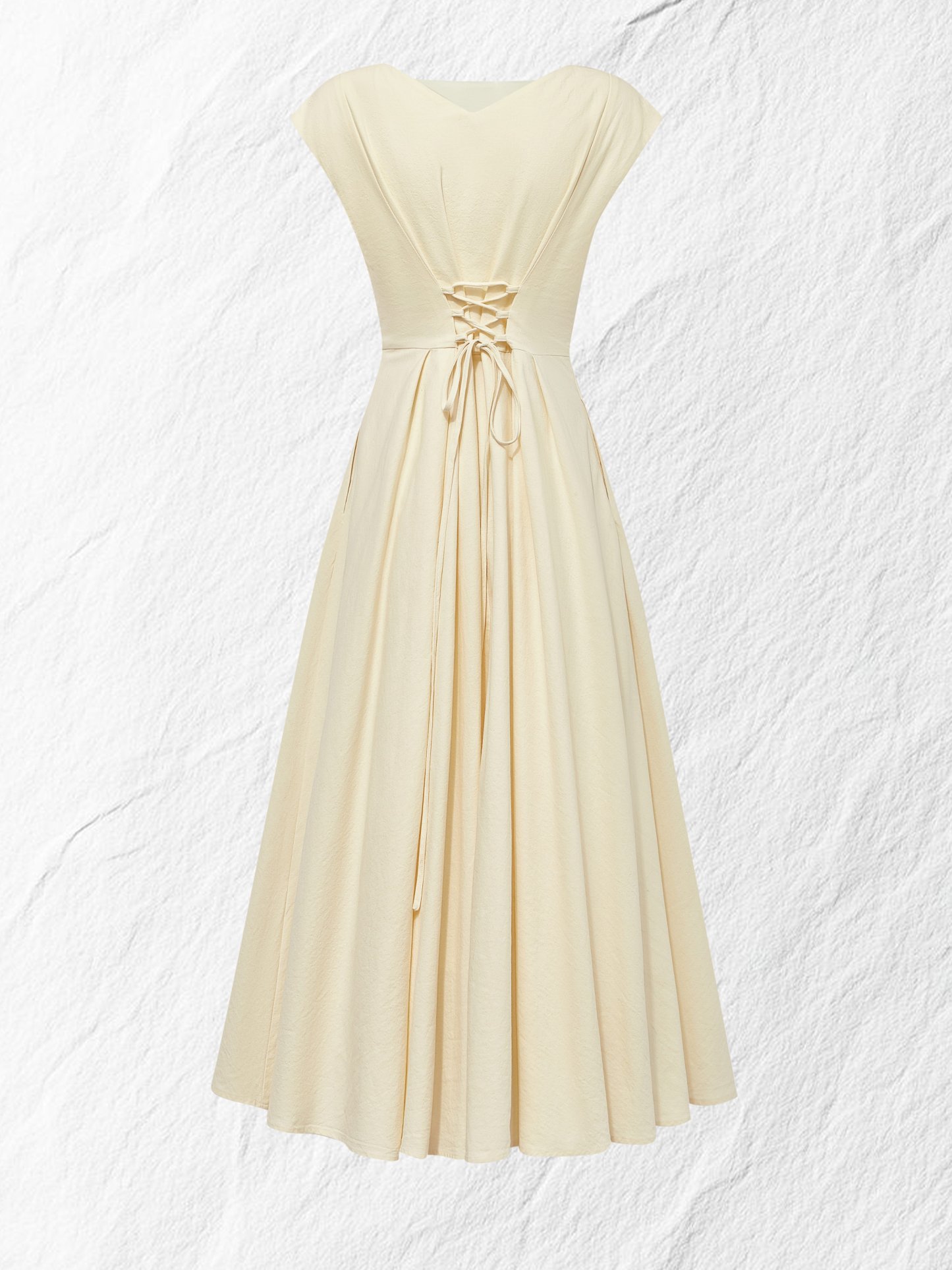 Linen Midi Dress, Cap Sleeve, Boat Neck, Plain, Vintage, Off White - Off White