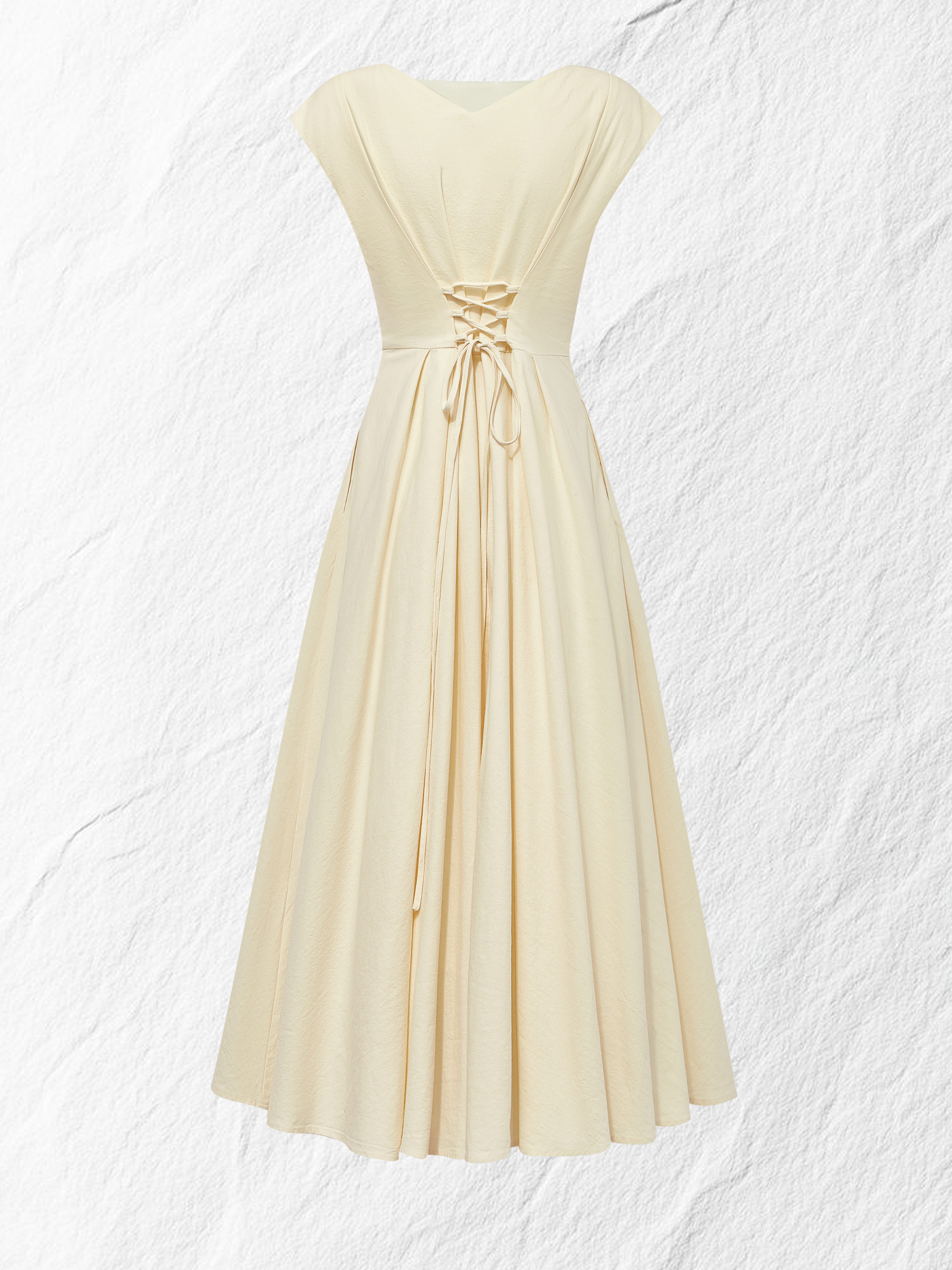 Linen Midi Dress, Cap Sleeve, Boat Neck, Plain, Vintage, Off White - Off White
