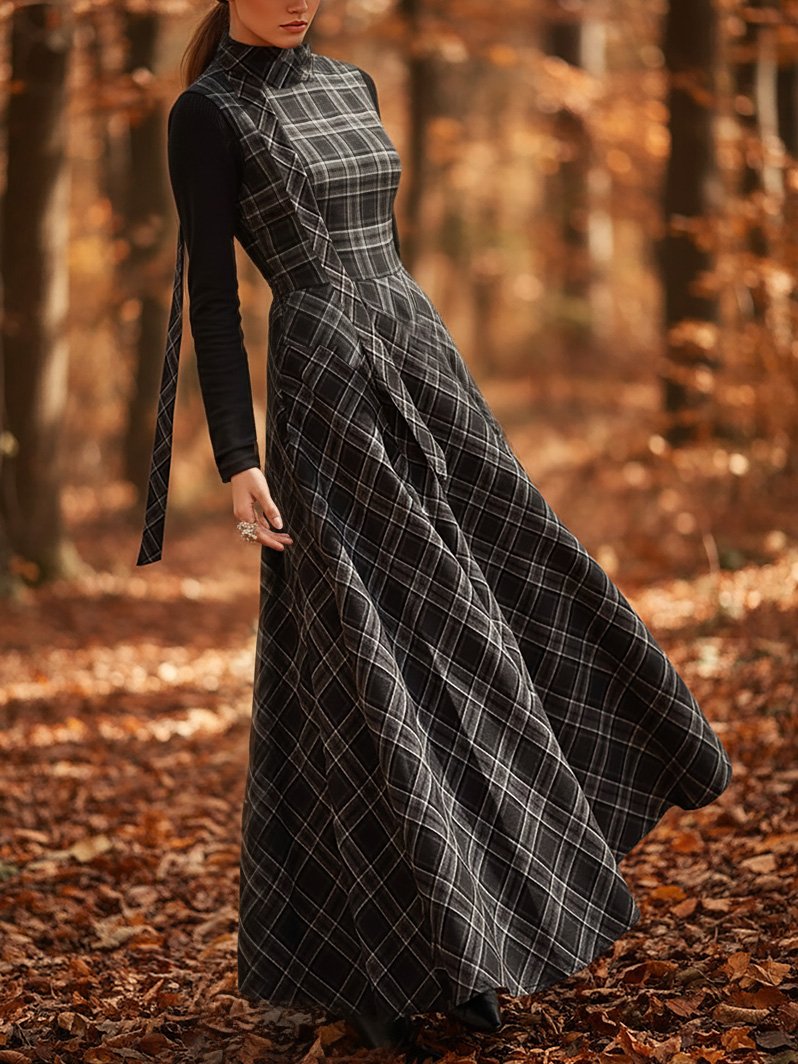 Maxi Linen Dress, Sleeveless, Stand Collar, Plaid, Vintage, Black - Black