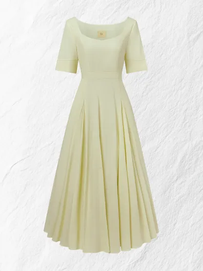 Maxi Linen Dress , Short Sleeves, Square Neck, Plain, Vacation, French Vintage, Light Yellow - Light Yellow