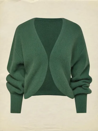 Wool Cardigan, Long Sleeves, Plain, Vintage, Green - Green