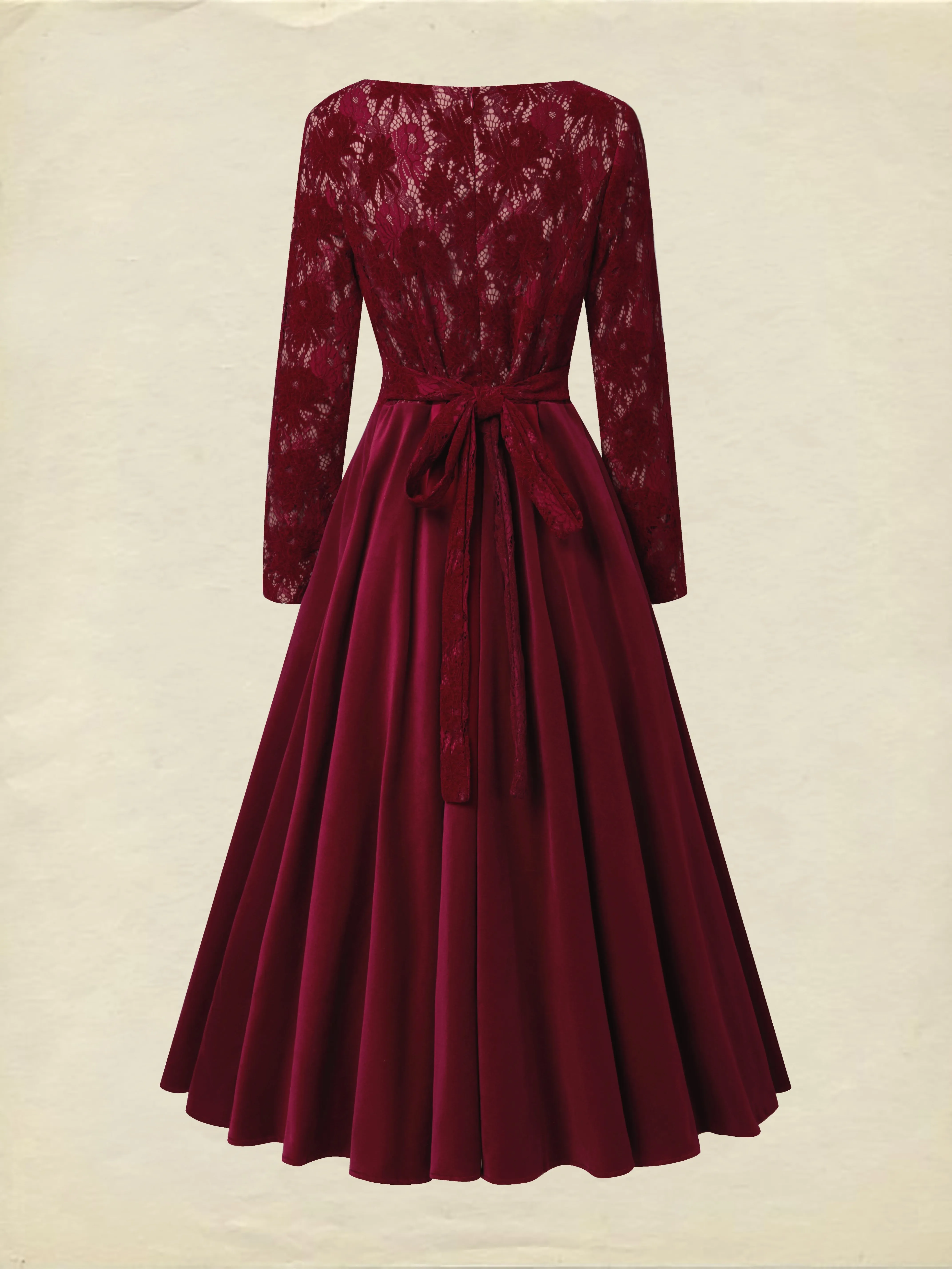 Midi Cotton Dress, Long Sleeves, Round Neck, Floral, Lace, Vintage, Red - Red