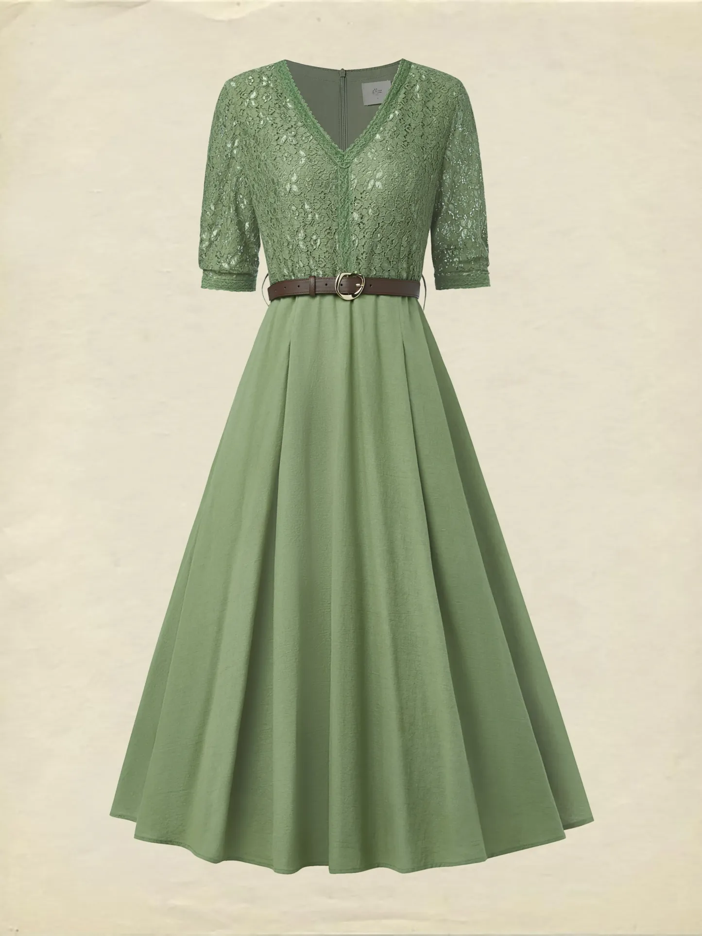 Midi Linen Dress , Half Sleeve, V Neck, Plain, Lace, Vintage, Army Green - Army Green