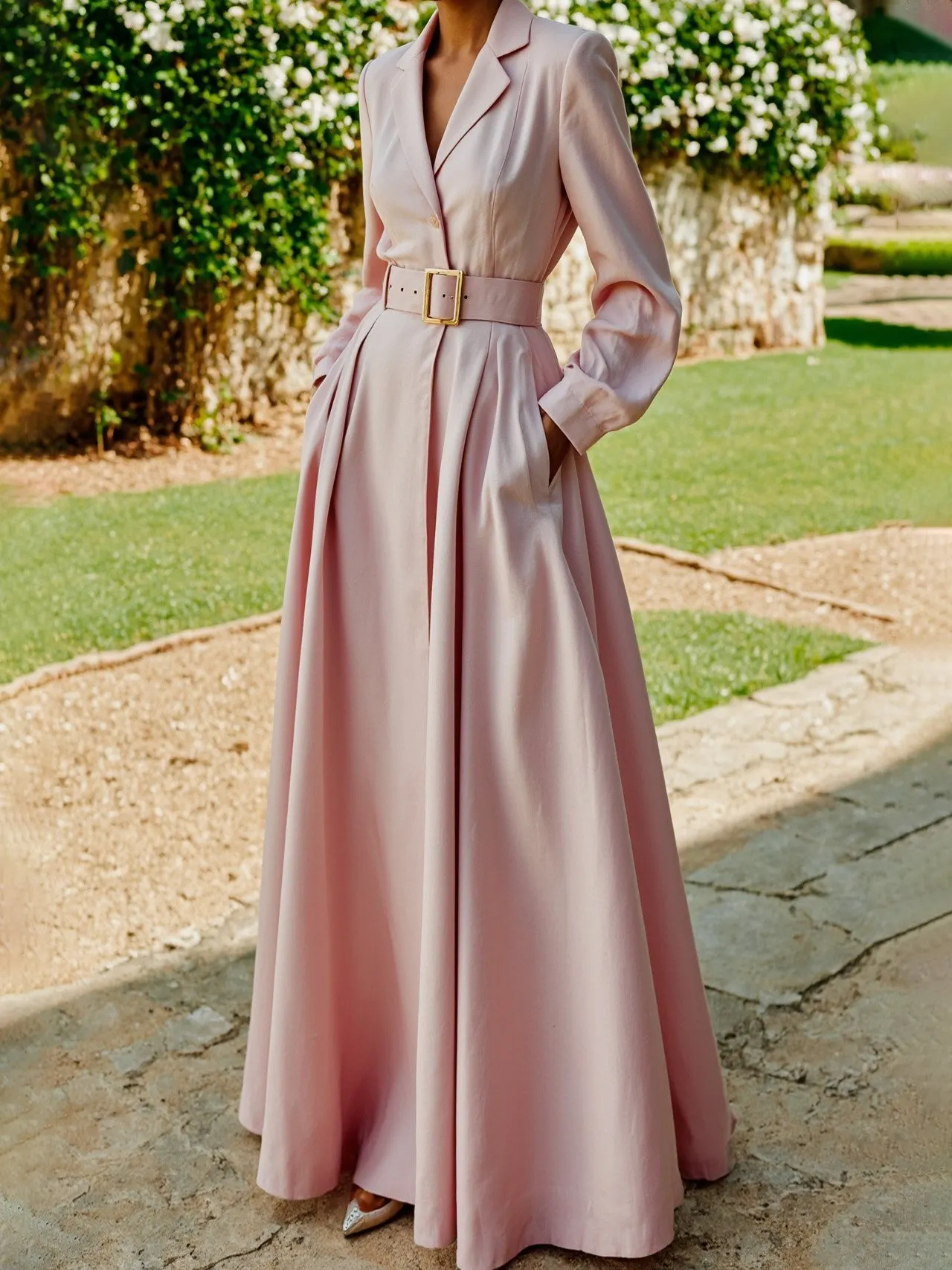 Maxi Cotton Dress, Long Sleeves, Lapel Collar, Plain, Belt Design, Vintage, Light Pink - Light Pink