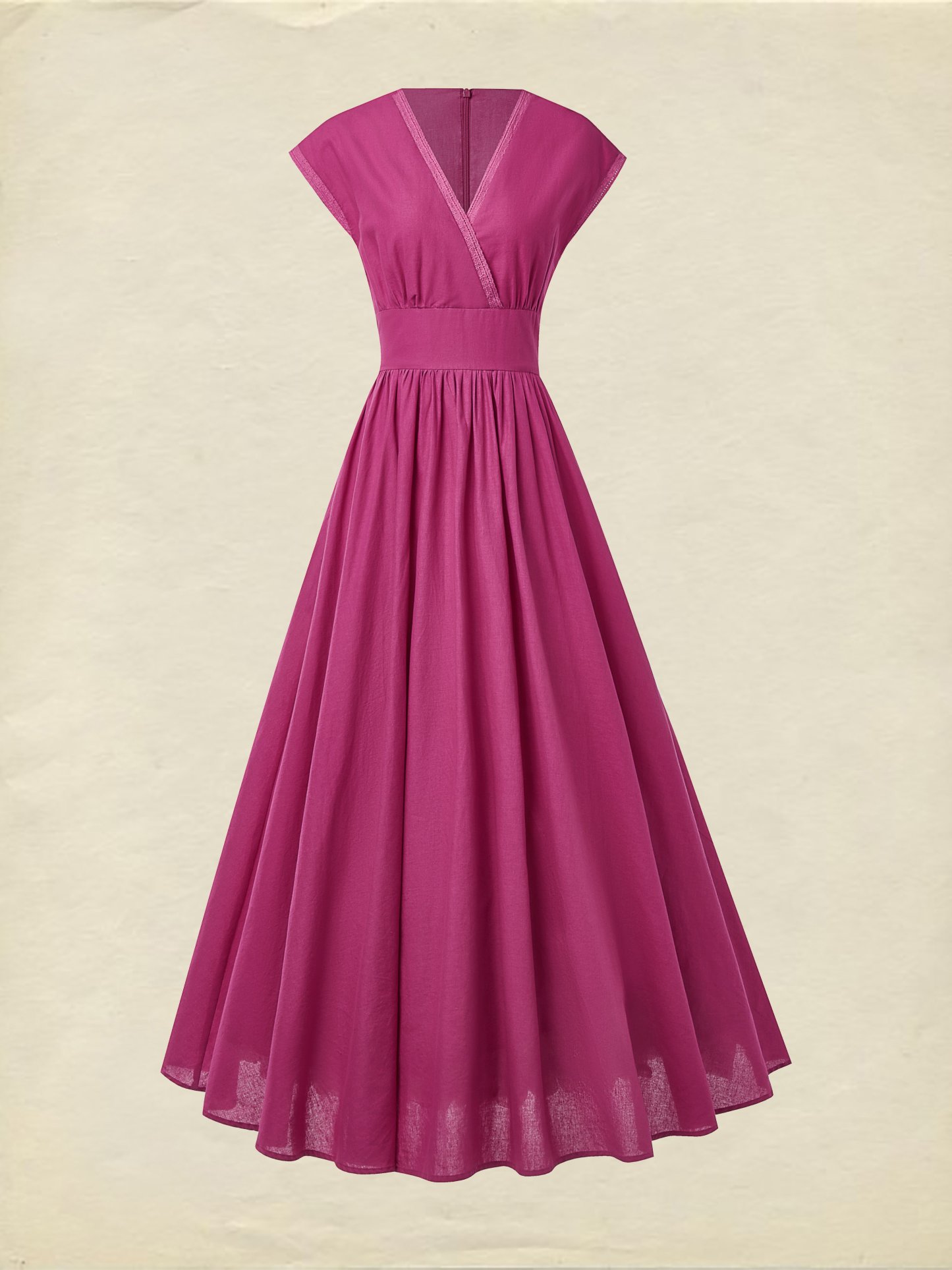 Maxi Linen Dress , Cap Sleeves, V Neck, Plain, Lace, Vintage, Rose Red - Rose Red