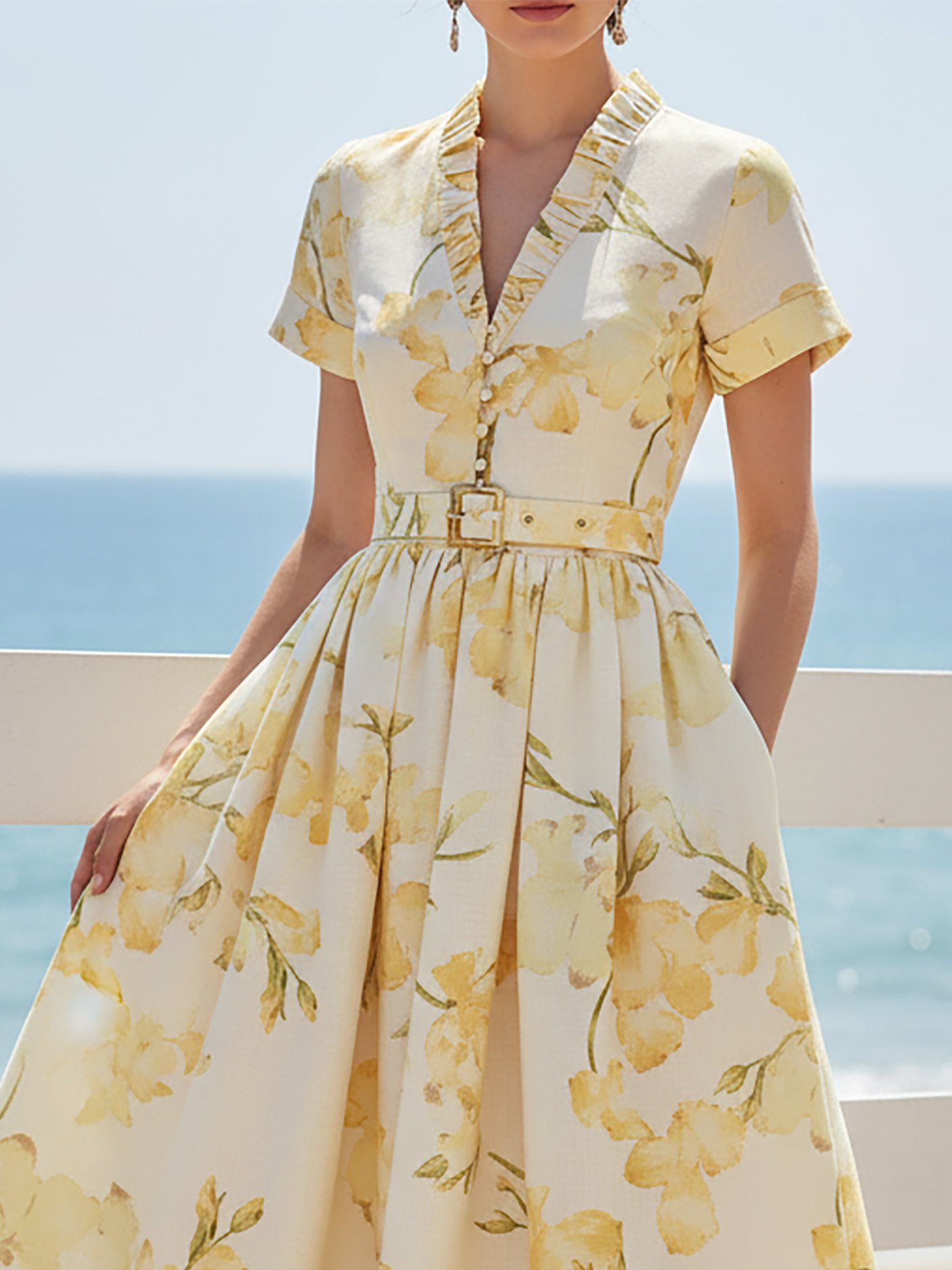 Midi Linen Dress, Short Sleeves, V Neck, Floral, Belt Design, Vintage, Yellow - Yellow