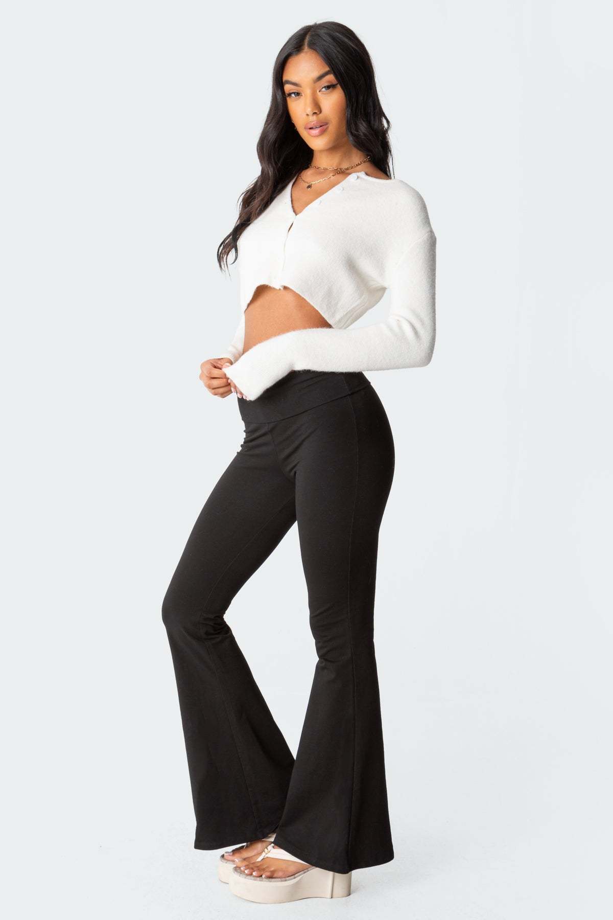 Naomi Foldover Flared Leggings - BLACK