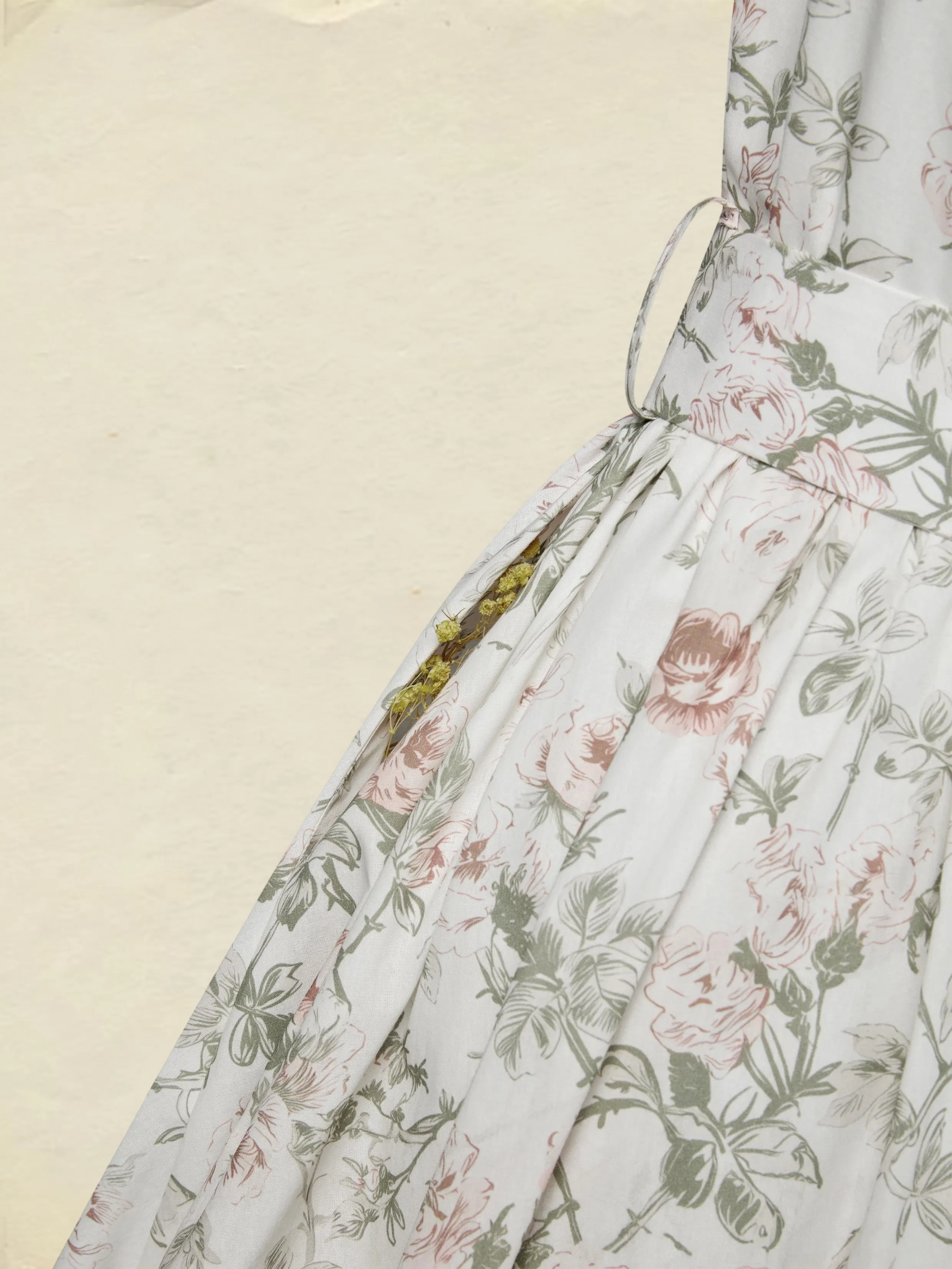 Midi Cotton Dress, Cap Sleeves, Round Neck, Floral, Belt Design, Vintage, Apricot - Apricot