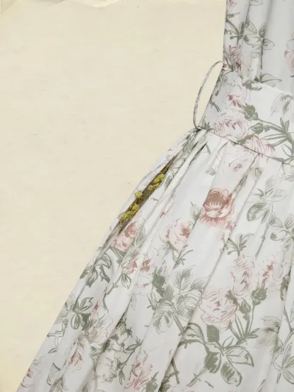 Midi Cotton Dress, Cap Sleeves, Round Neck, Floral, Belt Design, Vintage, Apricot - Apricot