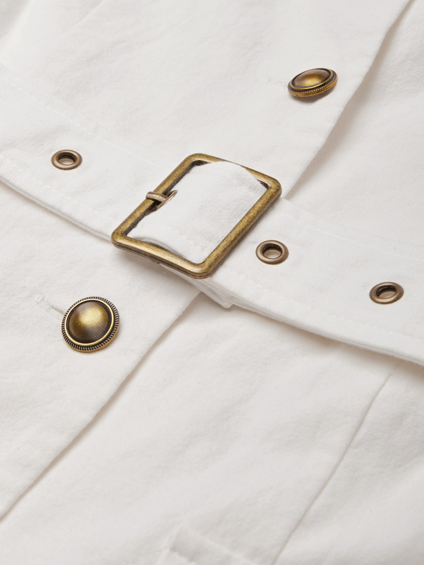 Midi Linen Dress, Short Sleeves, Shawl Collar, Plain, Button Design, French Vintage, White - White