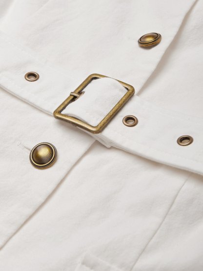 Midi Linen Dress, Short Sleeves, Shawl Collar, Plain, Button Design, French Vintage, White - White