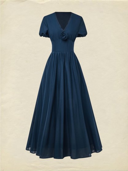 Maxi Linen Dress , Short Sleeves, V Neck, Plain, Lace, Vintage, Blue - Dark_blue