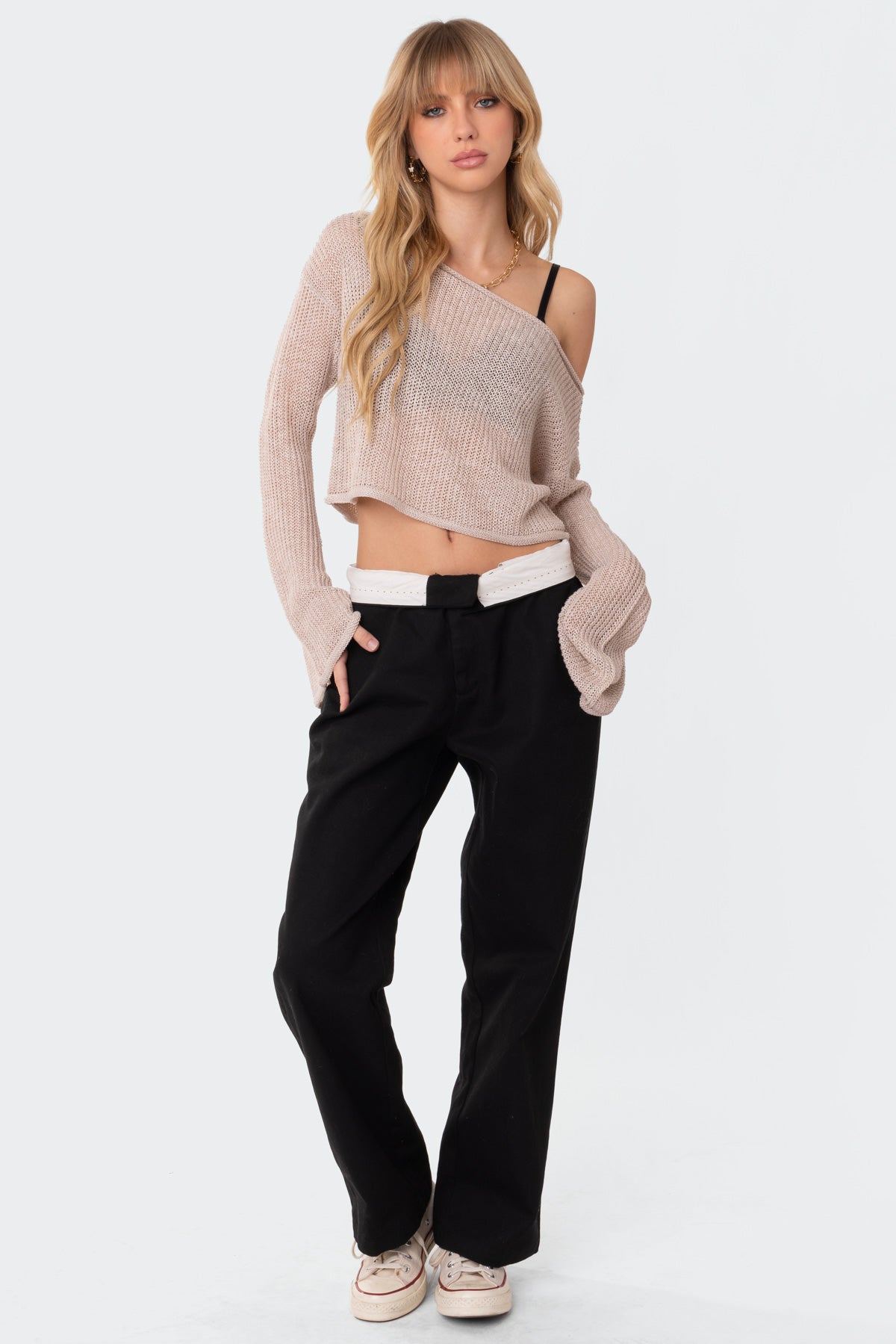 Emmie Off The Shoulder Sheer Knitted Top - BEIGE