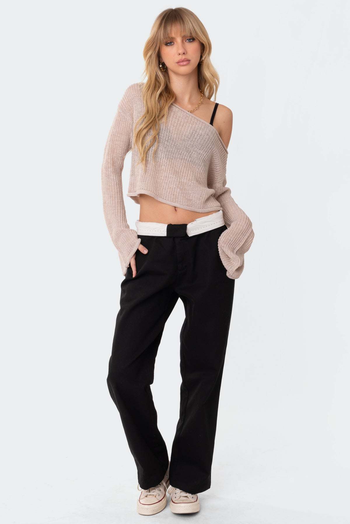 Emmie Off The Shoulder Sheer Knitted Top - BEIGE