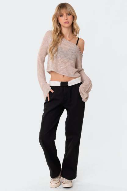 Emmie Off The Shoulder Sheer Knitted Top - BEIGE