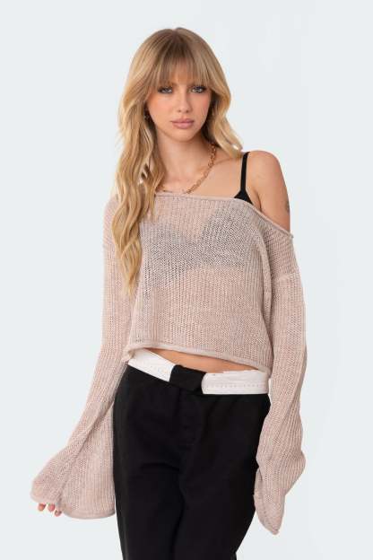 Emmie Off The Shoulder Sheer Knitted Top - BEIGE