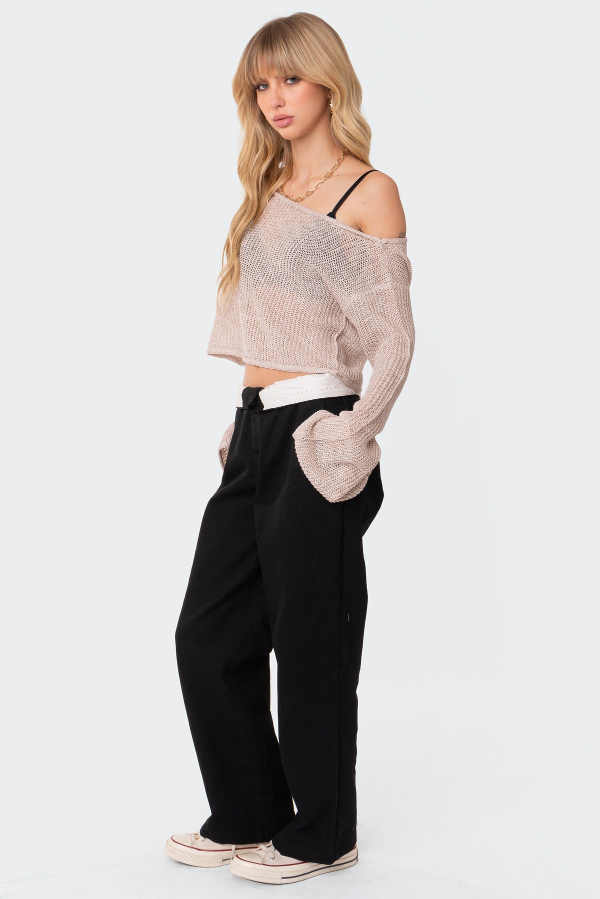 Emmie Off The Shoulder Sheer Knitted Top - BEIGE
