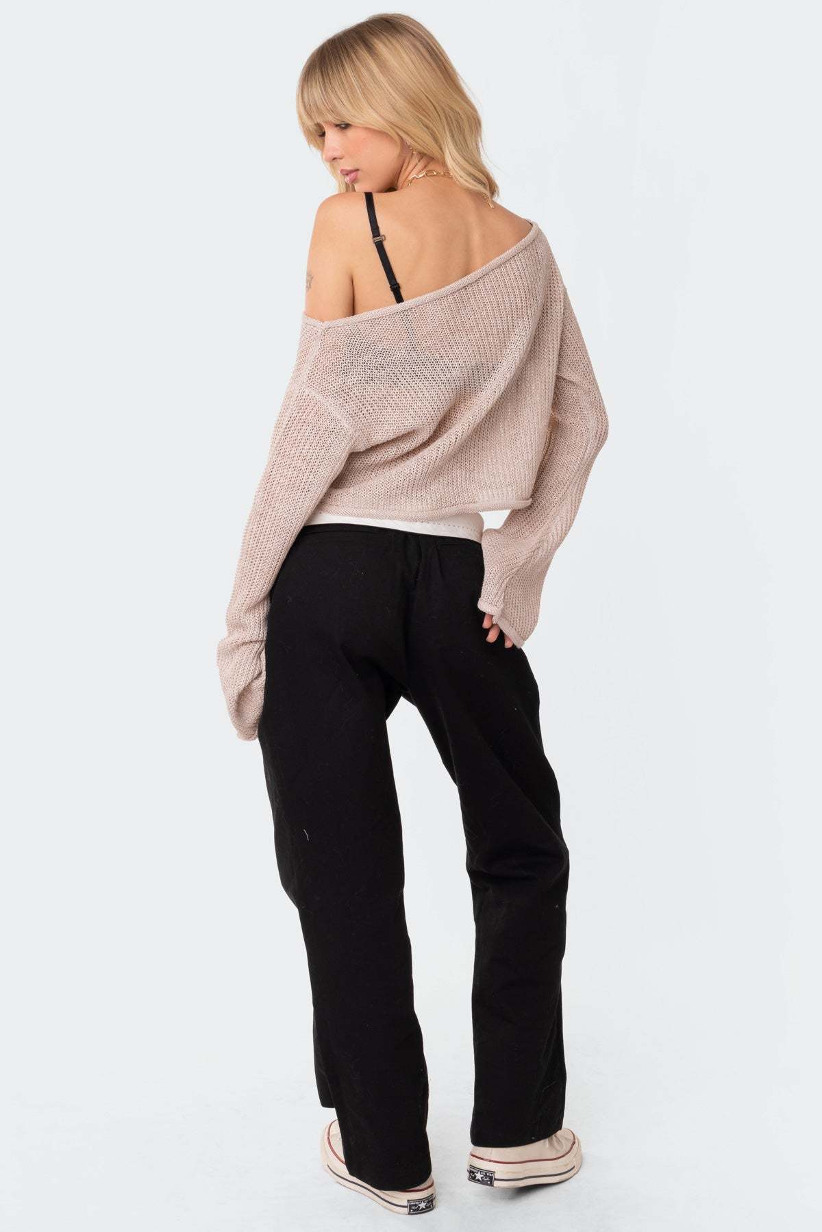 Emmie Off The Shoulder Sheer Knitted Top - BEIGE
